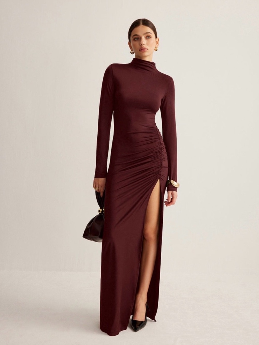 Commense Burgundy Long-Sleeve Maxi Dress with Side Ruched Detail